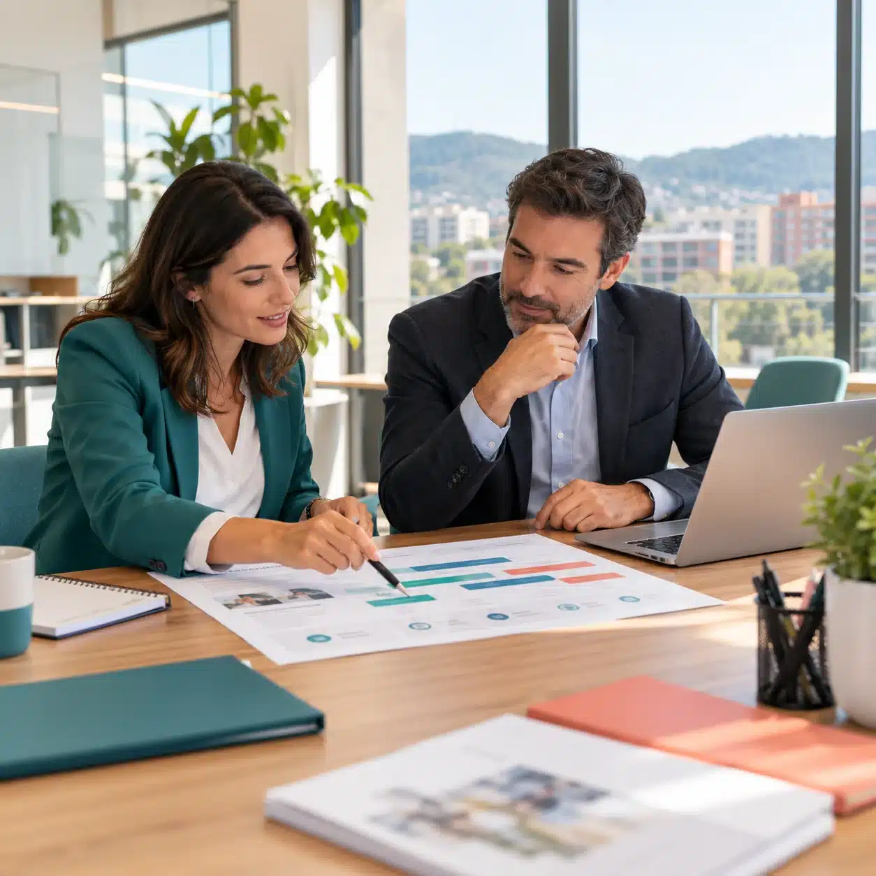 Responsables de empresa revisando un plan de formación en idiomas en el Vallès